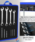 Flexible Magnetic Tool Mat Set With Ergonomic Handles For Bendable Non Slip Organization Of Wrenches Bits And Small Metal Tools Telescoping Magnetic Tool Mat For Mechanics Garage Workshop And Auto Repair Blue, showing tools attached to mat.