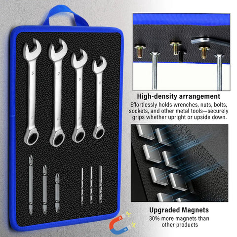 Flexible Magnetic Tool Mat Set With Ergonomic Handles For Bendable Non Slip Organization Of Wrenches Bits And Small Metal Tools Telescoping Magnetic Tool Mat For Mechanics Garage Workshop And Auto Repair Blue, showing tools attached to mat.
