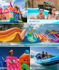 Collage of inflatable castles, pools, water slides, toys, and boats showcasing versatility for Heavy-Duty Pool Patch Repair Kit For Inflatables With Peel-And-Stick TPU Vinyl Waterproof Patch Kit For Pool Liners Air Beds Bounce Houses Above Ground Pools Water Slides Easy DIY 12 Pack.