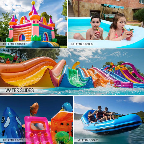 Collage of inflatable castles, pools, water slides, toys, and boats showcasing versatility for Heavy-Duty Pool Patch Repair Kit For Inflatables With Peel-And-Stick TPU Vinyl Waterproof Patch Kit For Pool Liners Air Beds Bounce Houses Above Ground Pools Water Slides Easy DIY 12 Pack.