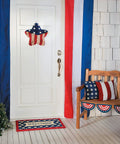 All American Patriotic Stars And Stripes Outdoor Pillow Set Of 2 on a wooden bench with American flag decor, 14x14 cotton pillows