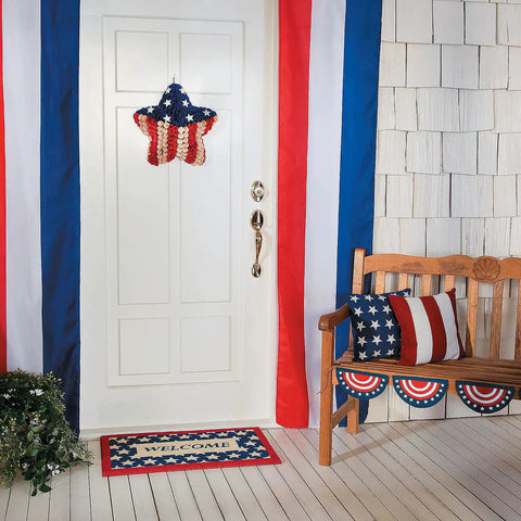 All American Patriotic Stars And Stripes Outdoor Pillow Set Of 2 on a wooden bench with American flag decor, 14x14 cotton pillows