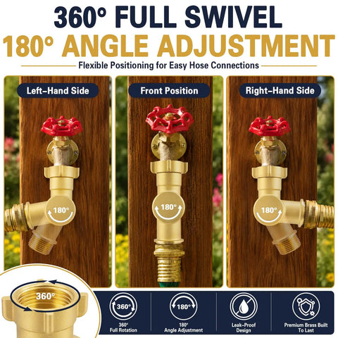 Brass Swivel Hose Connector With 180 And 360 Degree Adjustable Rotation, Three Quarter Inch GHT Female To Male Garden Hose Adapter, Anti Kink Elbow Fitting For Outdoor Faucets, RV Hoses, Sprinklers, And Irrigation Systems, shown on faucet