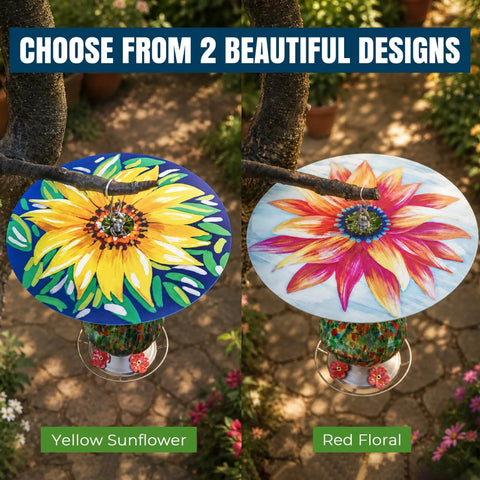 Top Shelf Bird Feeder Baffle And Rain Guard Dome Cover, Ironclad Weatherproof Shield To Keep Squirrels Out And Seed Dry, No Hassle Steel Mount Kit In Bold Red Floral Design featuring yellow sunflower and red floral designs.