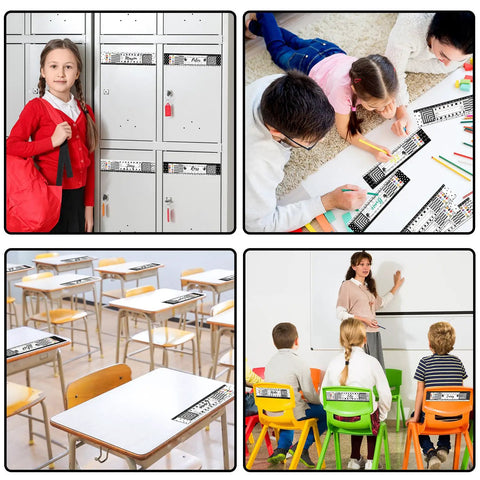 Students using 48 Pack Black White Painted Dots Classroom Name Plates Desk Name Tags For Kids Alphabet And Multiplication Desk Markers