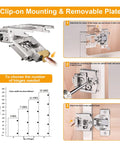 Installation steps for 2 Pack 1/2 Inch Overlay Soft Close Cabinet Hinges with Clip On Plate and weight chart.