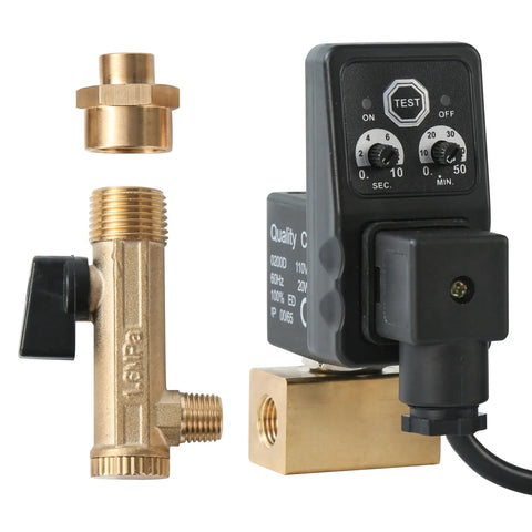 Automatic Electronic Tank Drain Kit With Timer Operated Air Drain Valves for Air Compressors, brass components and fittings