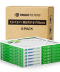 6 pack of 12X12X1 MERV 8 air filters in box, pleated design, for home HVAC AC furnace, no fuss install, sturdy cardboard edges.