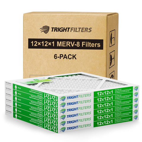 6 pack of 12X12X1 MERV 8 air filters in box, pleated design, for home HVAC AC furnace, no fuss install, sturdy cardboard edges.