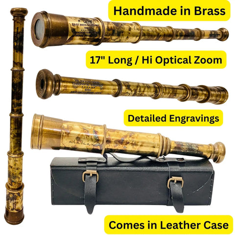 Brass Pirate Spyglass Telescope Replica From 1818 Tracker Era With Adjustable Focus, 17-inch brass telescope with leather case