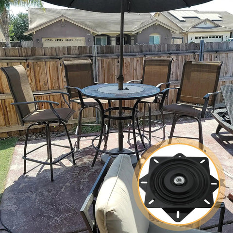 2 Pack 10 Inch Bar Stool Swivel Plate With 360 Degree Rotation, shown with patio bar chairs for seating compatibility
