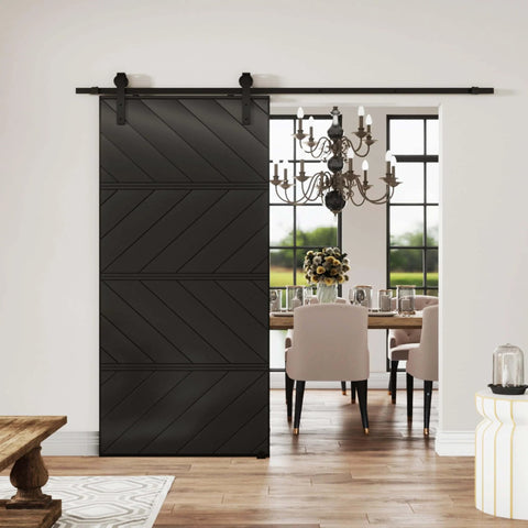 Black sliding barn door 36 by 84 inches with pre drilled slab, hardware kit and handle, MDF and PVC surface, installed in dining room.