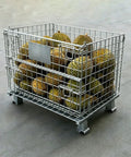 Heavy Duty Folding Wire Mesh Storage Basket with durians, stackable and collapsible metal crate for warehouse use.