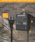 Low Voltage Outdoor Landscape Lighting Transformer With Dusk To Dawn Sensor And Countdown Timer 120V To 24V Waterproof Power Supply shown against a brick wall.
