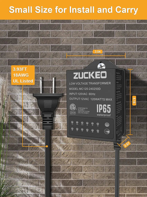Low Voltage Outdoor Landscape Lighting Transformer With Dusk To Dawn Sensor And Countdown Timer 120V To 24V Waterproof Power Supply shown against a brick wall.