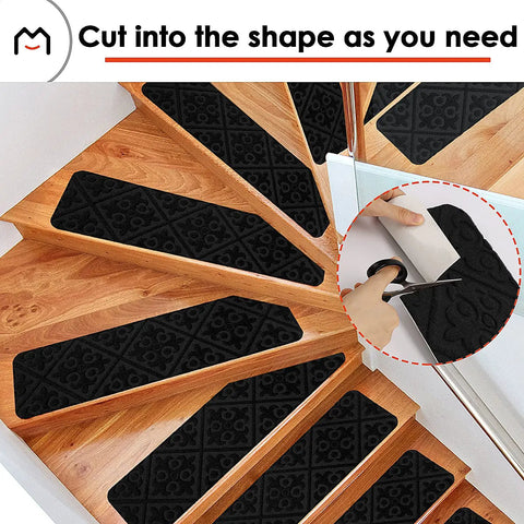 Non Slip Carpet Stair Treads For Wooden Stairs Indoor Stick On Runners 14 Pcs 8x30 Inches No Slip Grip For Dogs Kids And Seniors Black Easy To Install showing cutting customization.