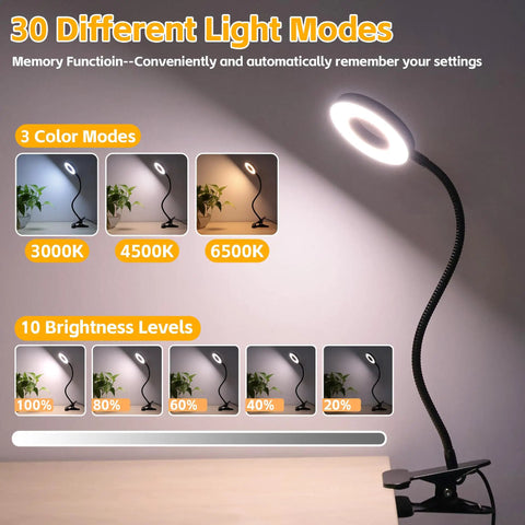 Clip On Led Desk Light With 48 LEDs, USB Powered, Three Color Modes And Ten Brightness Levels Per Mode, 360 Degree Flexible Gooseneck