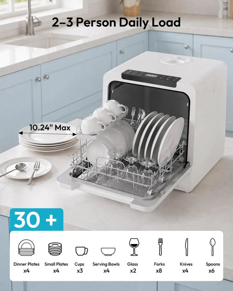 Portable Countertop Dishwasher Unit With Eight Quick Wash Cycles And Whisper Quiet Operation Totally Saves Counter Space Holds Over Thirty Plates In Sleek Black Finish Makes Cleaning Hassle Free showing a daily load setup.