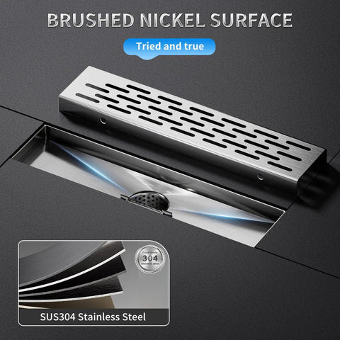 12 Inch Shower Drain With Removable Strainers In Brushed Nickel Finish High Flow Shower Drain Base focusing on surface quality.