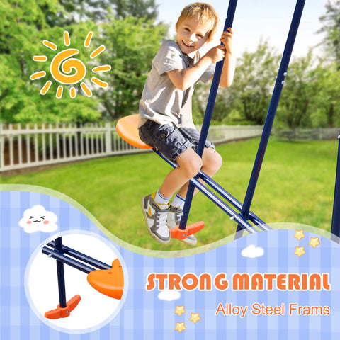 Child playing on Backyard Swing Set For Kids Built Tough With 440 Lb Capacity Heavy Duty A Frame Metal Frame Two Seats And One Glider