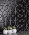 Matte Black Porcelain Rhombus Tile For Floors And Walls, Mesh-Mounted Mosaic, 10.5 In By 12.13 In, with potted succulents