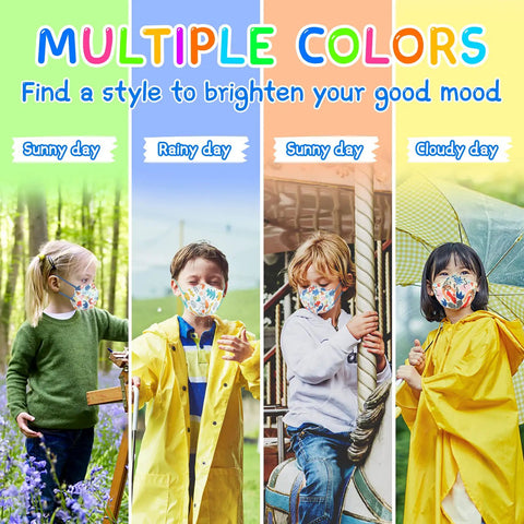 Kids wearing Kids KN95 Face Masks Pack 30 Pcs 5 Layer Disposable Protective Masks Small Size With Elastic Earloops in various weather conditions.