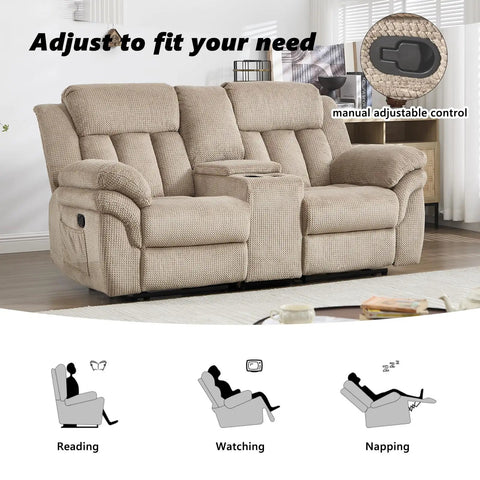 Manual Recliner Sofa Set For Living Room Two Seat Loveseat With Overstuffed Armrests Ultra Cozy For TV Time And Lazy Sundays Perfect For Bedroom Or Office Light Brown in room setting with adjustable control inset.