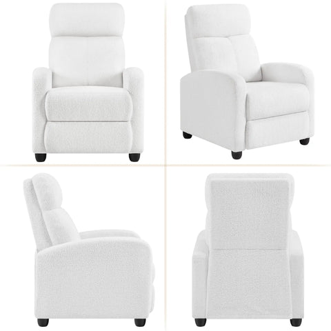 Four views of Boucle Laidback Cozy Recliner Sofa With Push Back Design Adjustable Modern Single Recliner Chair in white