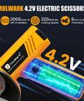Mulwark 4.2V Electric Scissors Cordless Box Cutter With Led Display And Two Spare Blades Offers Four Speeds For Cutting Cardboard Carpet Plastic Leather Portable Power Tool Easy Handling close-up showing battery and control panel.