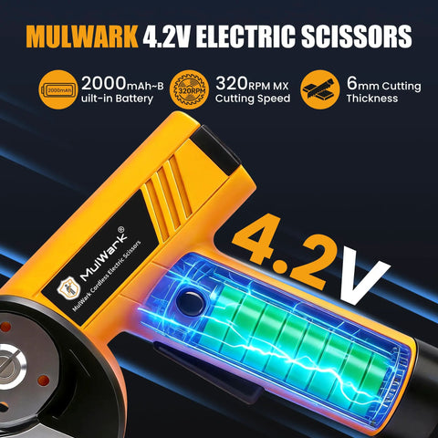 Mulwark 4.2V Electric Scissors Cordless Box Cutter With Led Display And Two Spare Blades Offers Four Speeds For Cutting Cardboard Carpet Plastic Leather Portable Power Tool Easy Handling close-up showing battery and control panel.