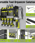 Power Tool Organizer Wall Mount With Charging Station And 6-Outlet Power Strip, 3-Tier Garage Shelf Black, keeps drills and tools organized