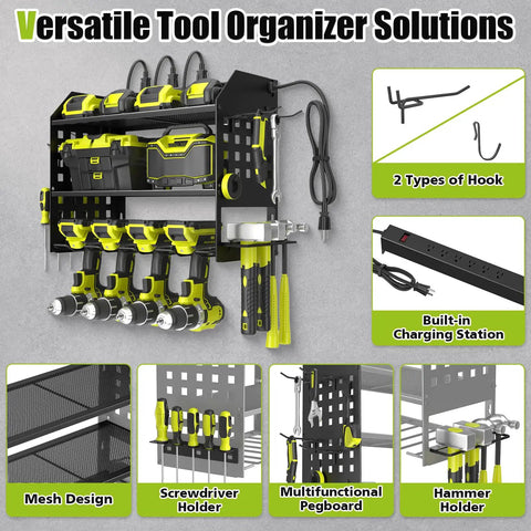 Power Tool Organizer Wall Mount With Charging Station And 6-Outlet Power Strip, 3-Tier Garage Shelf Black, keeps drills and tools organized