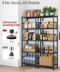 No Sweat Install Heavy Duty 5 Tier Metal Wire Shelving, Set Of 2 Compact Storage Racks For Garage, Kitchen, Pantry, Black with leveled feet.