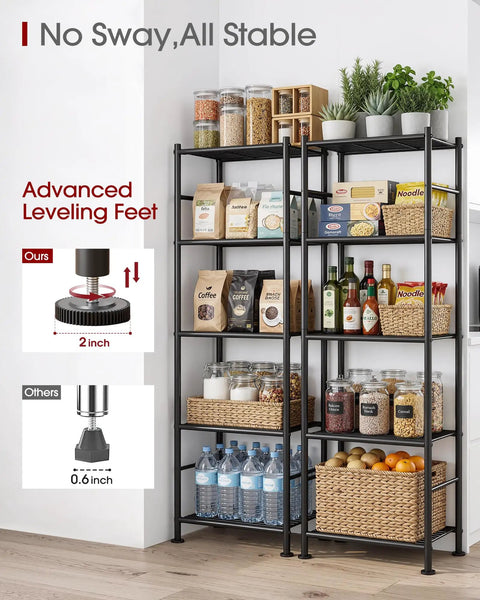 No Sweat Install Heavy Duty 5 Tier Metal Wire Shelving, Set Of 2 Compact Storage Racks For Garage, Kitchen, Pantry, Black with leveled feet.