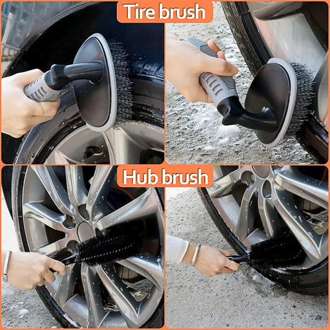 Close-up of tire and hub brushes from Orange Must Have All In One Car Detailing Kit With Storage Bag Pro Grade Microfiber Towels.