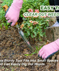 Person using Grab And Go Narrow Garden Trowel for Transplanting and Weeding Stainless Steel Widger in tight garden space.