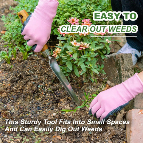 Person using Grab And Go Narrow Garden Trowel for Transplanting and Weeding Stainless Steel Widger in tight garden space.