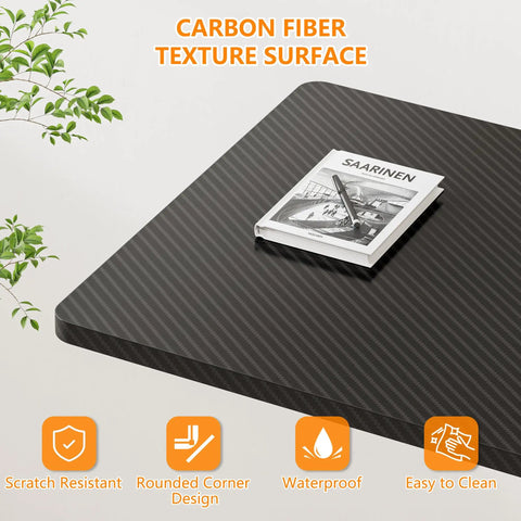 Close-up of carbon fiber texture surface on 32 Inch Portable Standing Desk On Wheels, with magazine and pen on top.