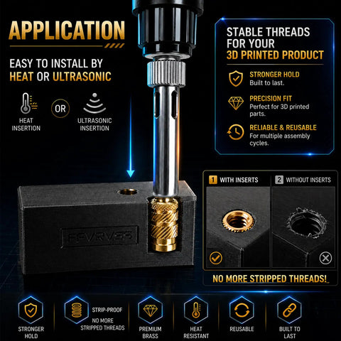 Pro Grade Lead Free Brass Threaded Inserts Kit M5x8x7mm Heat Set Hardware installation process shown with heat insertion tool.