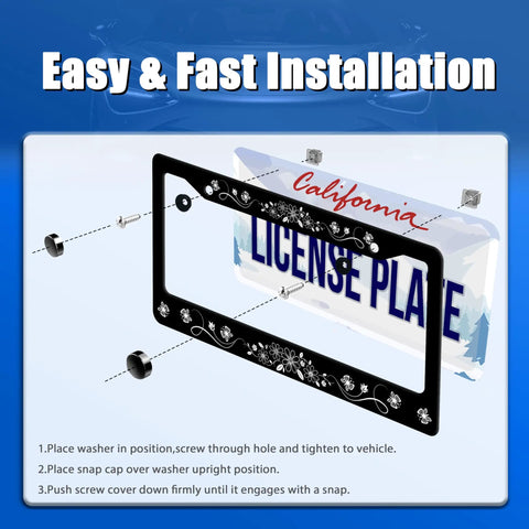 Stainless Steel License Plate Frame Floral Daisy Butterfly Design With Screws Cute Floral Car Accessories Fits Standard 12.3 By 6.3 Inches