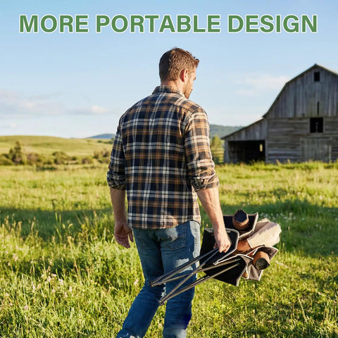 Man carrying Heavy Duty Camping Chair Set Of Four With Table For Adults Outdoor Folding Lawn Chairs in field near barn.