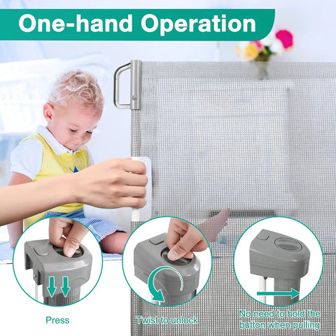 Child beside grey retractable baby gate for stairs extra wide kid safe gate extends to 72 inches wide and 34 inches tall mesh.