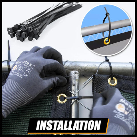 Installing Green Fence Privacy Screen Netting 4 Ft By 50 Ft Breathable HDPE Mesh with cable ties on metal fence