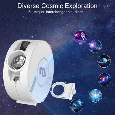 Smart Galaxy Projector For Bedroom With App Control And Voice Assistants Like Alexa And Google Home Multi Color Nebula Sky Night Light showing interchangeable discs