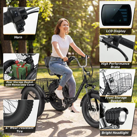 Dope Fat Tire Electric Trike For Adults With 750W Peak Motor, Smooth Power, And 20 Plus MPH Top Speed, Built For Easy Hills, City Cruising, And Light Trails, A Versatile Everyday Ride That Handles Rough Roads With Confidence. Adult rider on black fat tire electric trike with baskets and LCD display