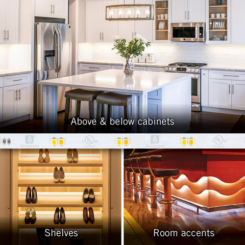 Ribbon Flex LED Tape Light Kit With Remote Dim To Warm 3000K To 1800K 16 Ft Cuttable installed in kitchen and shelves