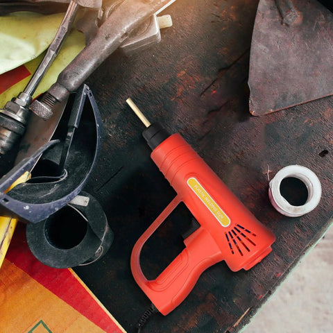 Minkissy Portable Plastic Welding Kit With 70W Handheld Tool for car bumper repair on a workbench with tools.