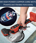 Handheld Pro Grade 18V Tile Vibration Tool with digital display in use, showcasing copper core motor design, suction cup attachment.