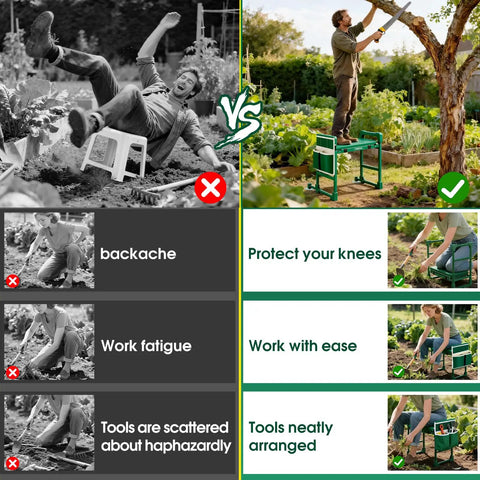 Comparison showing gardening with and without Heavy Duty Garden Kneeler And Seat For Seniors With 420 Lbs Capacity Anti Tip Multifunctional Gardening Stool Bench Widened Soft Kneeling Pad Tool Bag And Foldable Design For Easy Garden Projects.