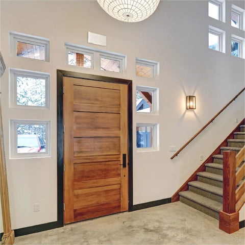 Interior view showing Two Note Wired Door Bell Chime Kit With Transformer And Surface Mount Lighted Push Button 16VAC 10VA White Easy Hardwired Doorbell System For Home Visits Deliveries And Nighttime Alerts installed above the door.